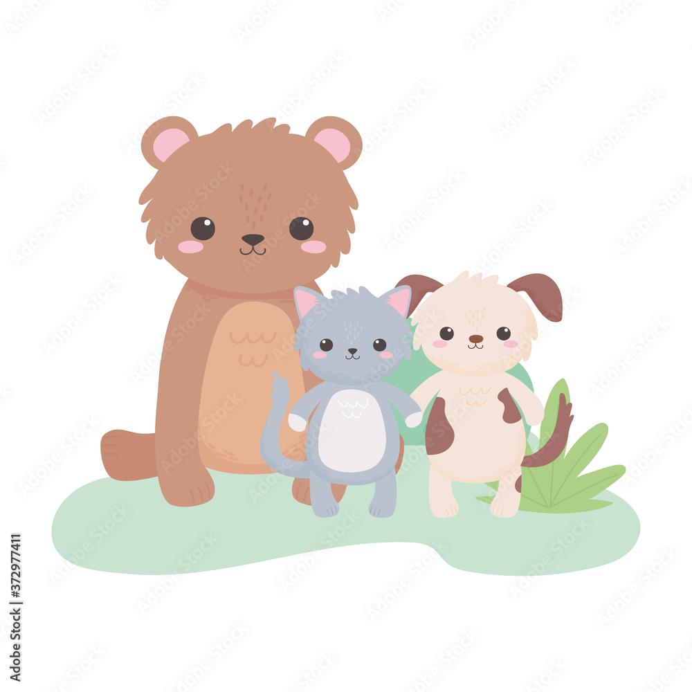 cute little bear cat dog flowers bush grass cartoon animals in a natural landscape cute little bear cat dog flowers bush grass cartoon animals in a natural landscape