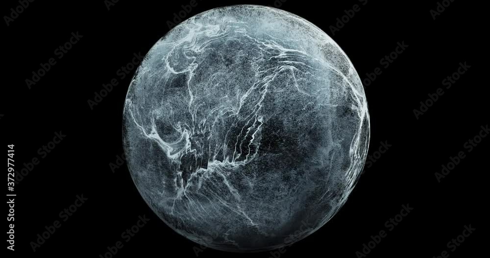 Abstract fluid, Water in sphere. particles flowing around sphere. Turbulent particles bursting,  swirling around ball. Perfect for overlay and logos. 4K seamless loop, 3D render