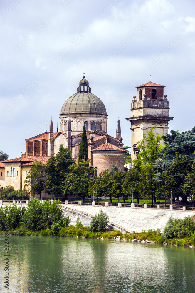 Panoramic view of a Roman Catholic church San Giorgio in Braida over the Adige River in Verona, Northern Italy.