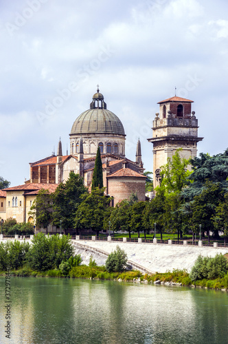 Panoramic view of a Roman Catholic church San Giorgio in Braida over the Adige River in Verona, Northern Italy.