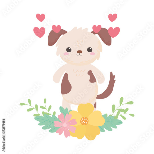 cute little dog flowers hearts cartoon animal isolated white background design