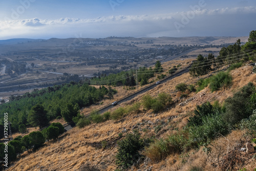 Aerial view of Hula valley, Sea of Galilee, Mount Hermon and town of Rosh-pina as seen from Mitzpe Hayaminm hotel, located in Upper Galilee of Northern Israel, Israel.