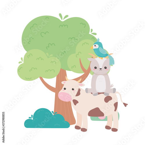 cute cow with goat and parrot tree leaves cartoon animals in a natural landscape