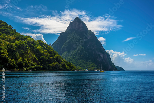 A view towards Petit Piton from Soufriere Bay in St Lucia