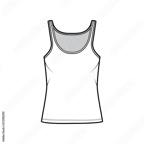 Cotton-jersey tank technical fashion illustration with scoop neck, relaxed fit, tunic length. Flat outwear basic camisole apparel template front, white color. Women men unisex shirt top CAD mockup