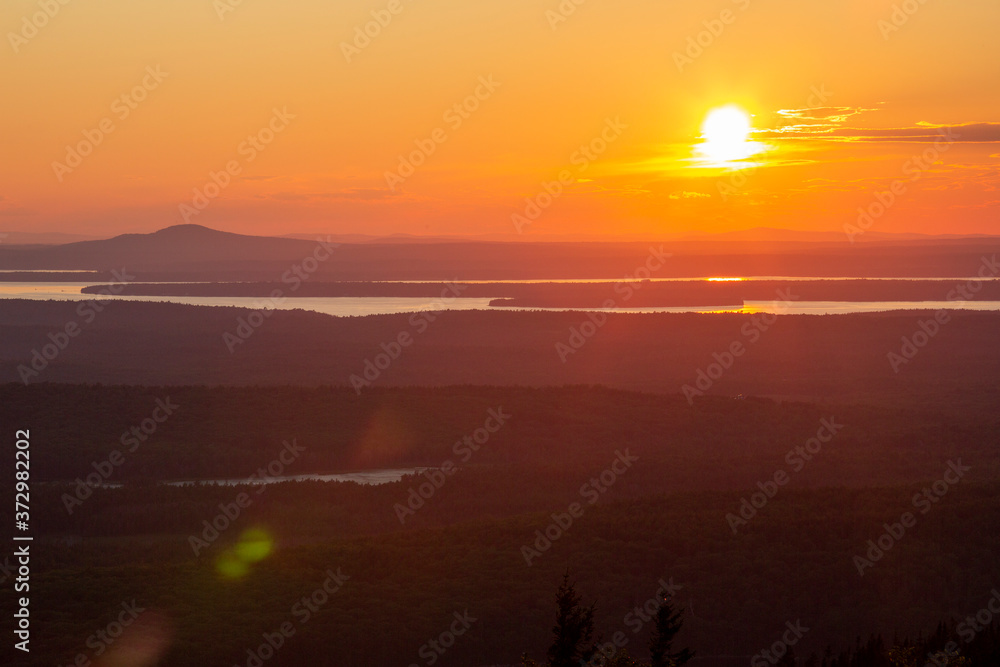 Sunset overlooking Blue Hill, Maine from Cadillac Mountain.