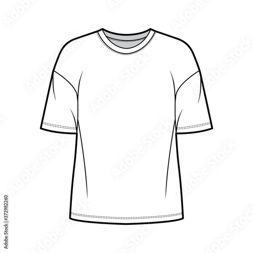 Cotton-jersey t-shirt technical fashion illustration with crew neckline, elbow sleeves, oversized, dropped shoulders. Flat outwear basic apparel template front, white color. Women men unisex top CAD