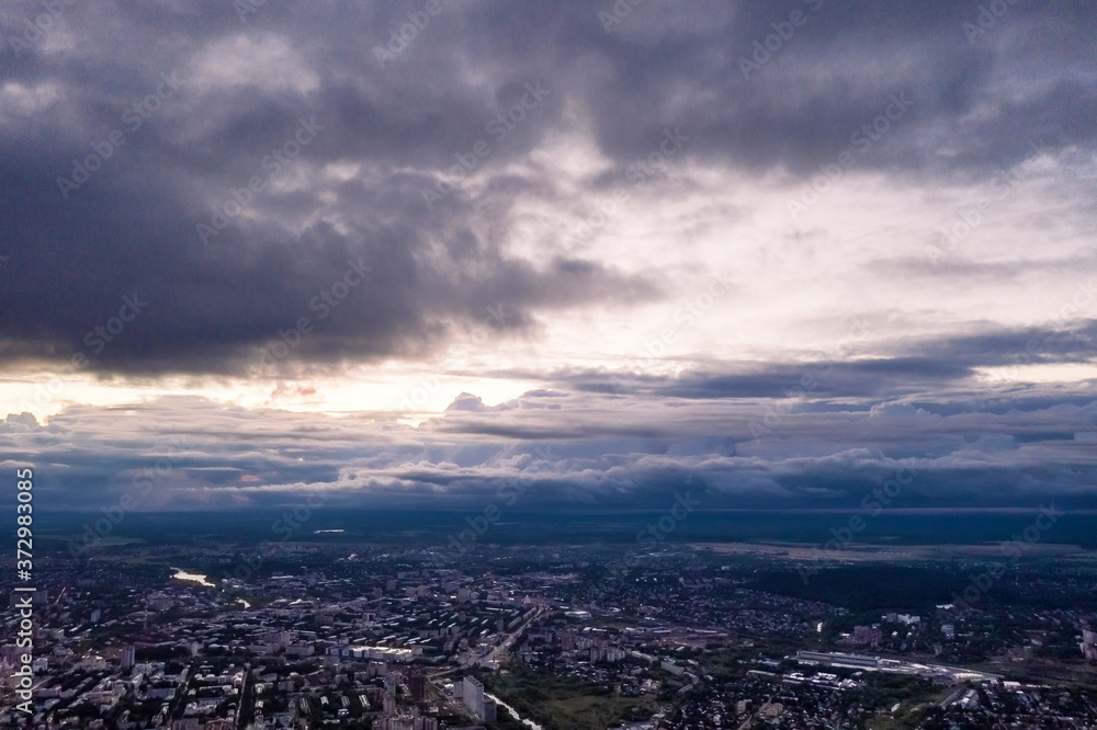 Bird's eye view of the city of Ivanovo with a beautiful sunset.