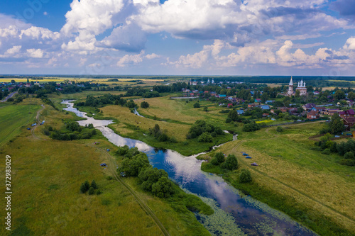 A beautiful view of the villages of Goritsy  Dunilovo and the Teza River  Ivanovo region on a summer day.