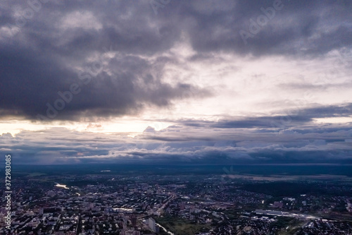 Bird's eye view of the city of Ivanovo with a beautiful sunset.