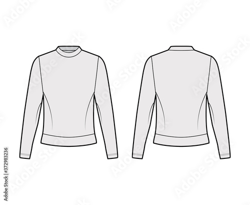 Cotton-terry sweatshirt technical fashion illustration with crew neckline, long sleeves, oversized. Flat jumper apparel outwear template front, back, grey color. Women, men, unisex top CAD mockup