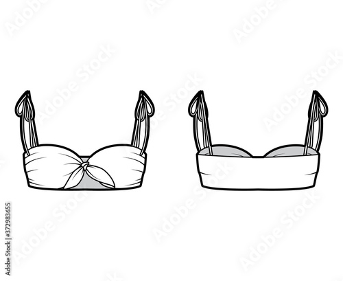 Bra top technical fashion illustration with cropped length, ties at shoulders and front. Flat swimwear lingerie apparel template front, back, white color. Women, men, unisex underwear CAD mockup. 