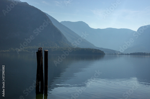 sunrise over Lake Halstatter in the village of Hallstatt in the Austrian alps photo