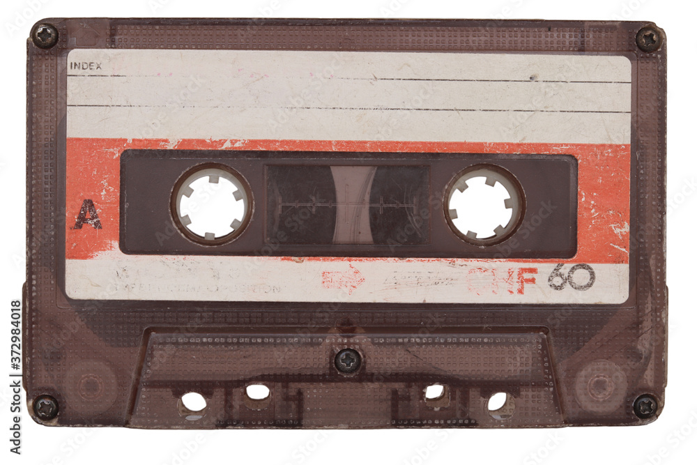 Fototapeta premium Black audio cassette tape over white background