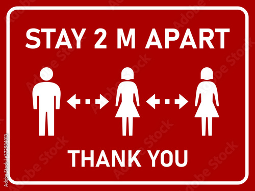 Stay 2 M or 2 Metres Apart Thank You Horizontal Social Distancing Instruction Sign with an Aspect Ratio of 4 3. Vector Image.