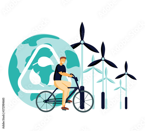 Eco friendly vector illustration. Flat tiny clean environment person concept. Sustainable bio food, power or transportation to save planet or reduce global warming. Natural health protection lifestyle