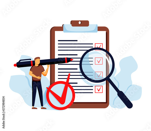 Task done vector illustration. Flat tiny check to do list persons concept. Symbolic positive and approved checklist or completed project validation form. Good and confirmed exam or survey results.