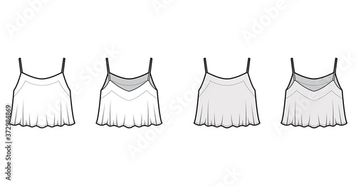 Cropped camisole top technical fashion illustration with scoop neck, flare hem, loose silhouette, straps. Flat outwear tank apparel template front, back, white grey color. Women, men unisex shirt CAD