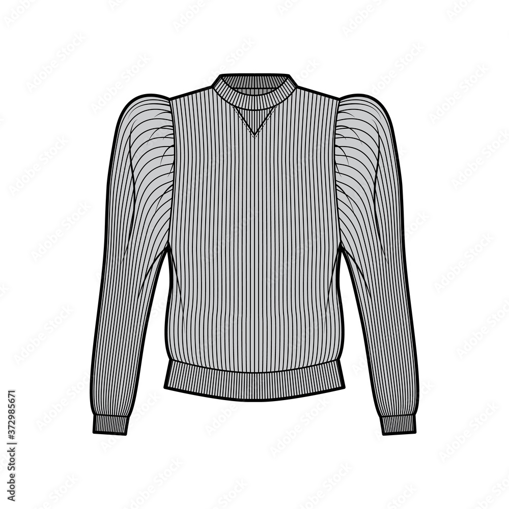 Ribbed cotton-jersey sweatshirt technical fashion illustration with gathered, puffy long sleeves, relaxed fit. Flat jumper apparel template front, grey color. Women men unisex top knit CAD mockup