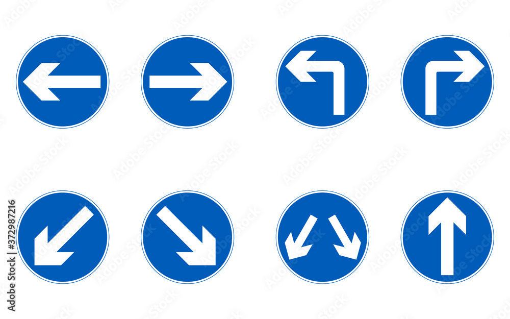 Arrow road sign set. Vector illustration of different arrow traffic signs. Blue circle boards with white symbol inside. Mandatory round signs at junctions. Giving orders to drivers. Arrow road sign set. Vector illustration of different arrow traffic signs. Blue circle boards with white symbol inside. Mandatory round signs at junctions. Giving orders to drivers.