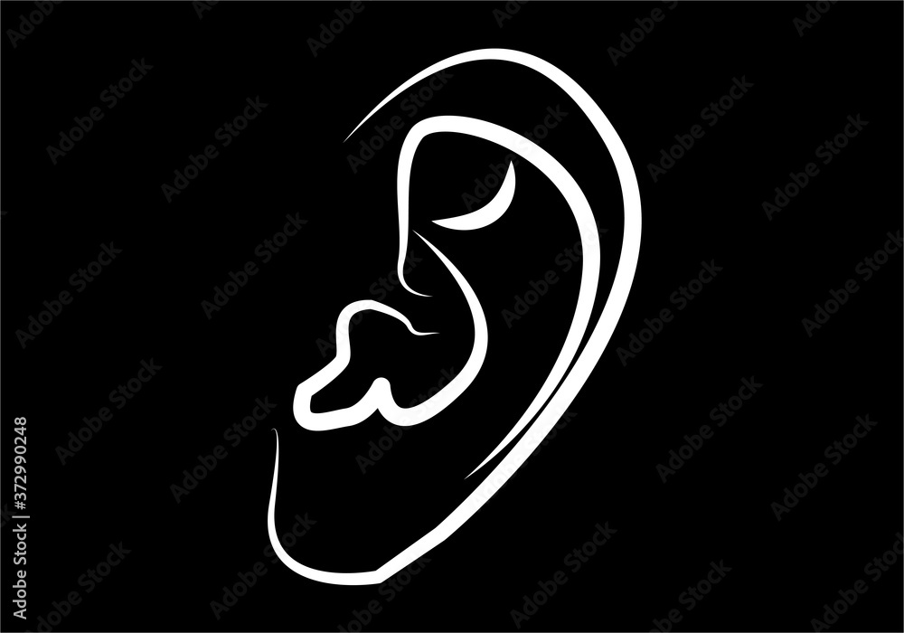 Oreja, oído , trazado blanco sobre fondo negro Oreja, oído , trazado blanco sobre fondo negro