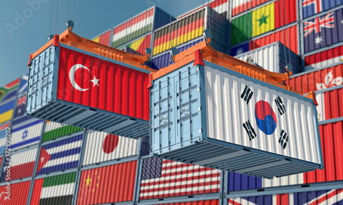 Freight containers with South Korea and Turkey flag. 3D Rendering 