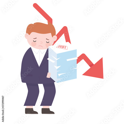 bankruptcy businessman down arrow and debt stacked business financial crisis