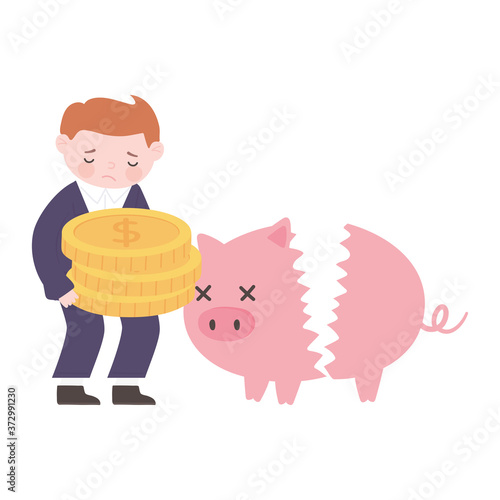 bankruptcy sad businessman with coins and broken piggy bank business financial crisis