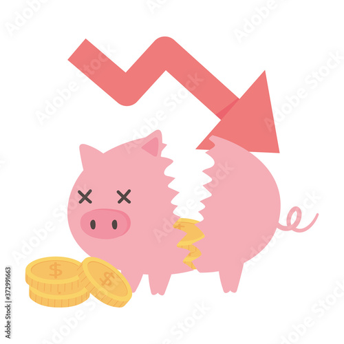 bankruptcy downward arrow broken piggy bank coins money business financial crisis