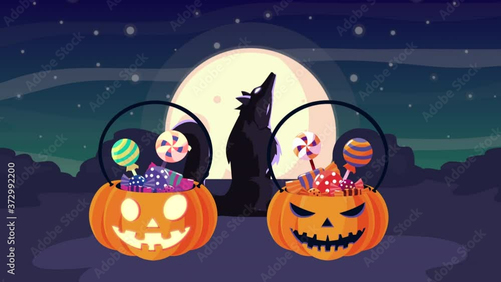 happy halloween animation with pumpkin candies and wolf happy halloween animation with pumpkin candies and wolf