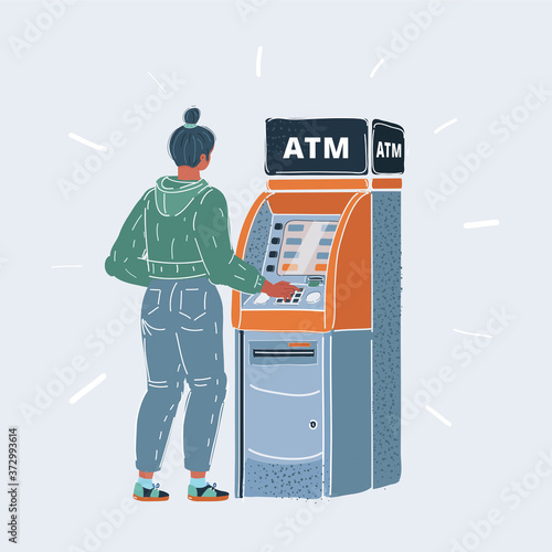 Vector illustration of woman using cash atm machine. Character and object on white isolated background