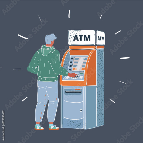 Vector illustration of man using cash atm machine at night. Character and object on dark isolated background