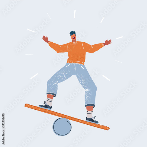 Vector illustration of man balancing on board. Human character on white background.