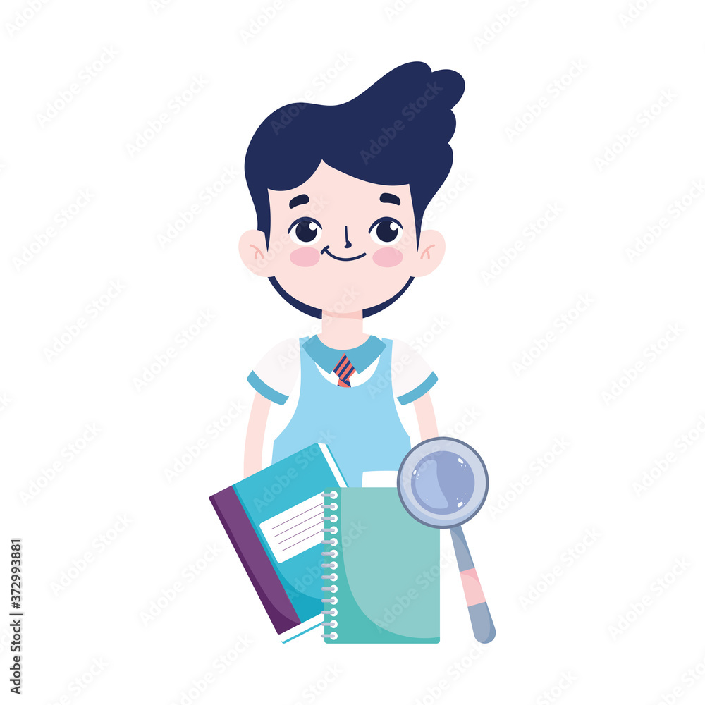 back to school, student boy books and magnifier elementary education cartoon back to school, student boy books and magnifier elementary education cartoon