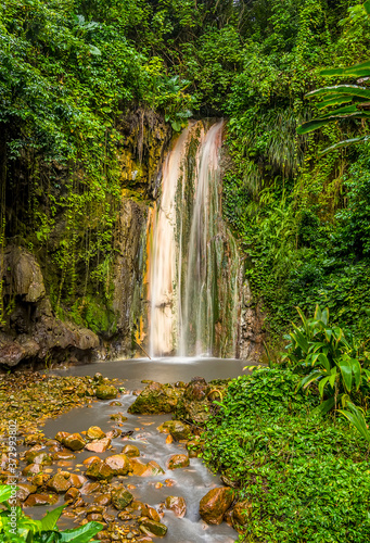 A long exposure head on view of the Diamond waterfall near to Soufriere in St...