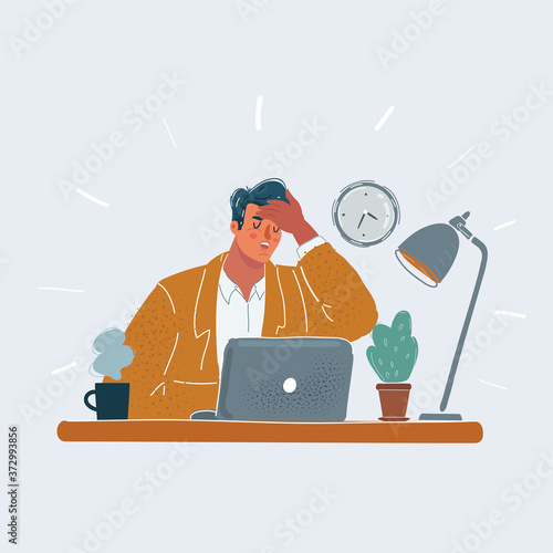 Vector illustration of tired man, who touch him forehead with him hand. Character sitting at table. Tiered, illness, fever head ache and exhausted people at office concept on white background.