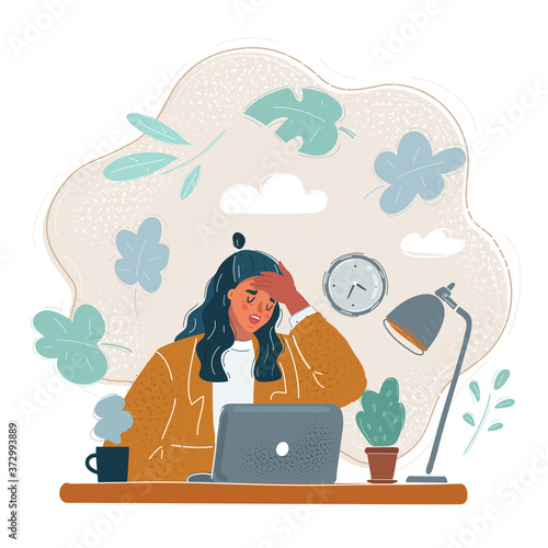 Vector illustration of tired woman, who touch her forehead with him hand. Character sitting at table. Tiered, illness, fever head ache and exhausted people at office concept.