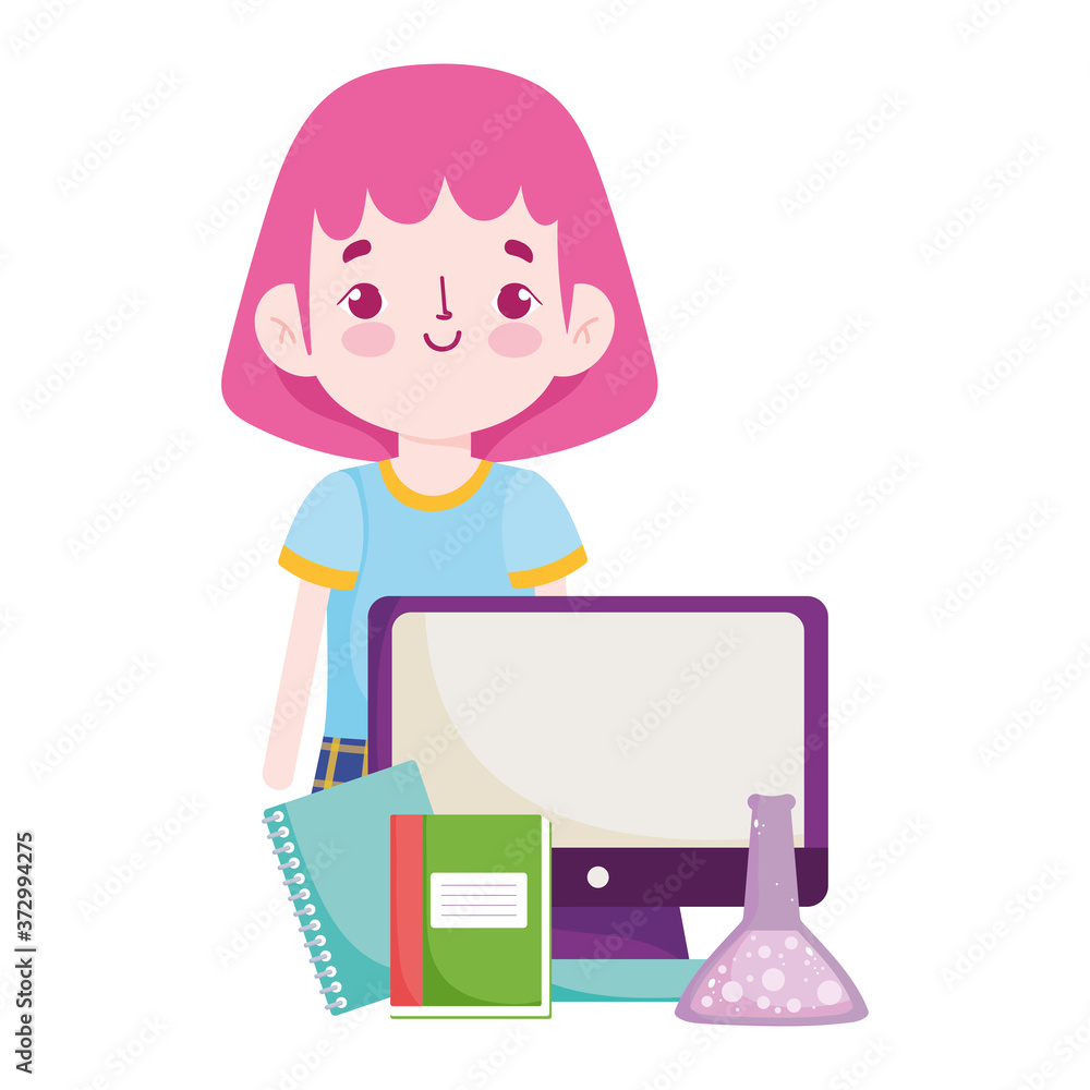 back to school, student girl pc textbooks chemistry flask elementary education cartoon back to school, student girl pc textbooks chemistry flask elementary education cartoon