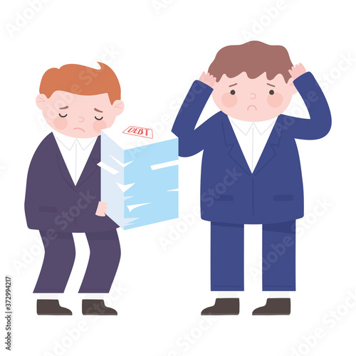 bankruptcy sad businessmen holding stack of debt papers business financial crisis
