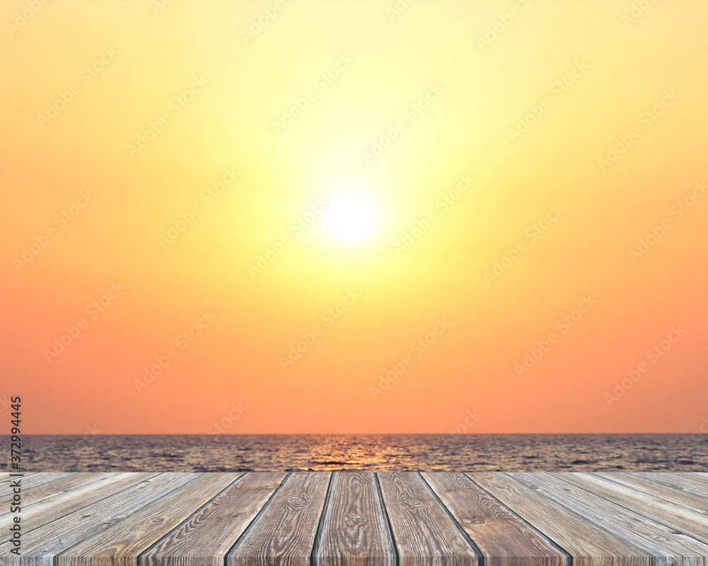 empty boardwalk with a sunset on the sea. mockup, scene creator.