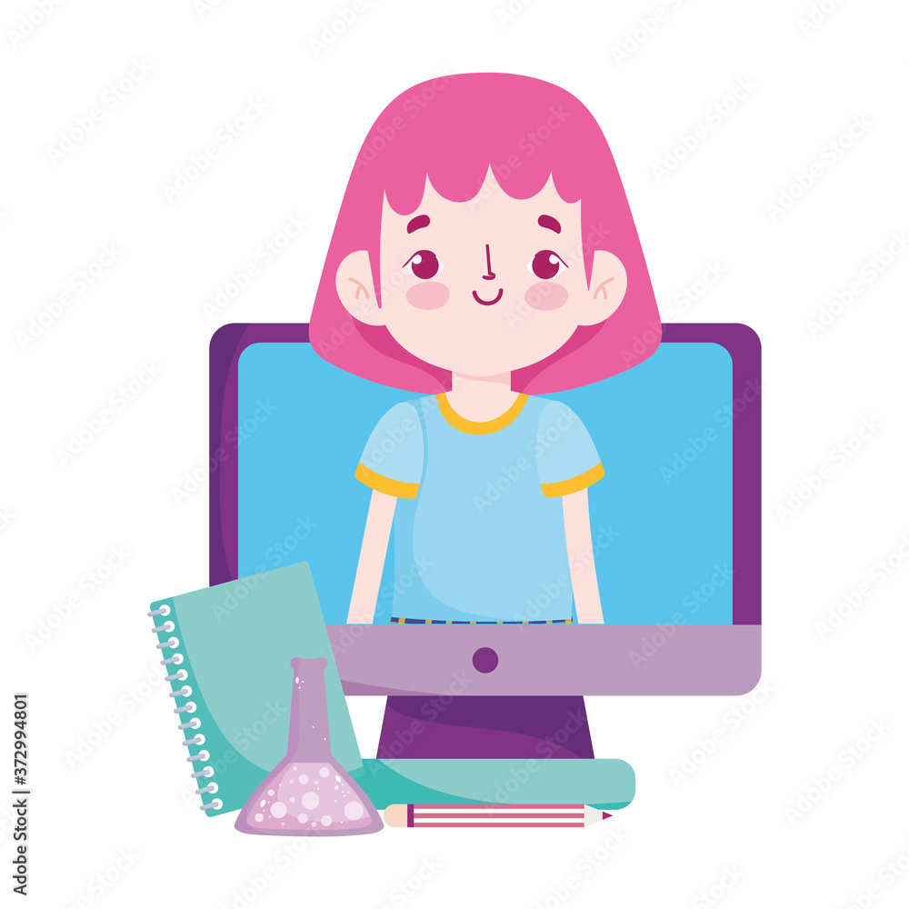 back to school, student girl in screen computer book and pencil elementary education cartoon back to school, student girl in screen computer book and pencil elementary education cartoon