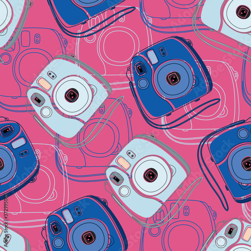 Seamless pattern with colorful handdrawn outline instant outline cameras. Vector illustration.