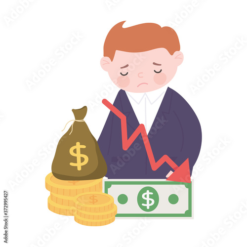 bankruptcy sad businessman money bag banknotes coins down arrow business financial crisis