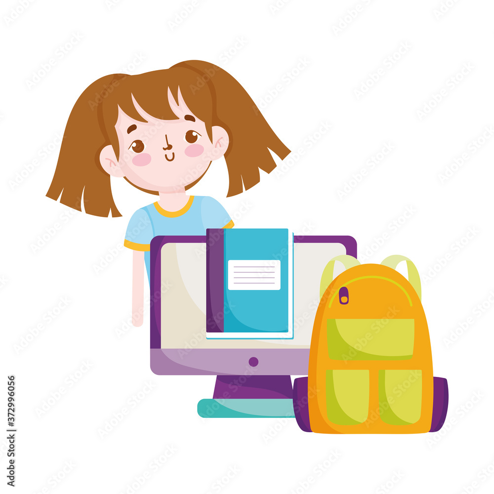 back to school, student girl monitor pc bag and book elementary education cartoon back to school, student girl monitor pc bag and book elementary education cartoon