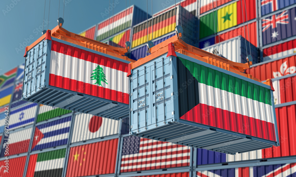 Freight containers with Kuwait and Lebanon flag. 3D Rendering 