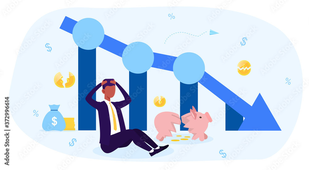 Financial crisis concept with bottoming business graph, broken piggy bank and coins and desperate businessman. Flat vector illustration Financial crisis concept with bottoming business graph, broken piggy bank and coins and desperate businessman. Flat vector illustration