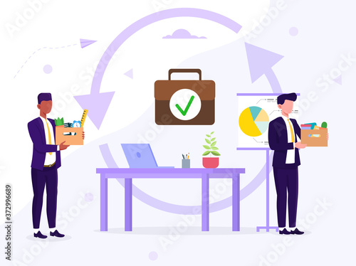 Employee replacement due to transfer or retirement or hiring and firing concept with businessmen arriving and leaving an office, colored vector illustration