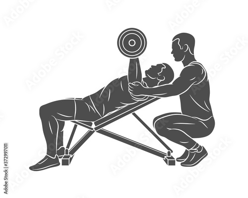 Silhouette trainer helps a man to train his chest with dumbbells on the bench press on a white background. Vector illustration
