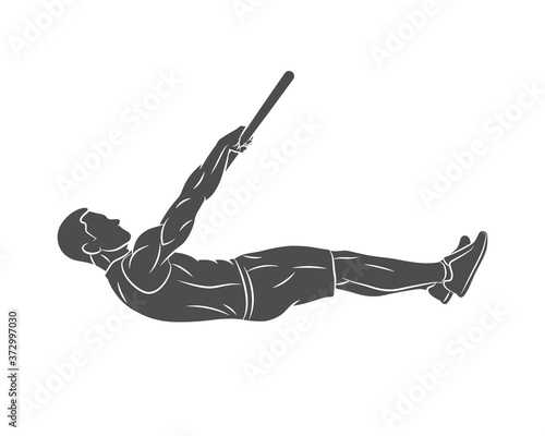 Silhouette young man doing abdominal exercise on horizontal bar on a white background. Functional training with own weight. Street workout training. Calisthenics workout. Vector illustration