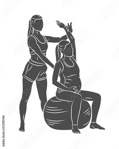 Young pregnant woman doing fitness ball and pilates exercise with coach on a white background. Sitting and relaxing. Active future mother sport lifestyle. Healthy pregnancy concept